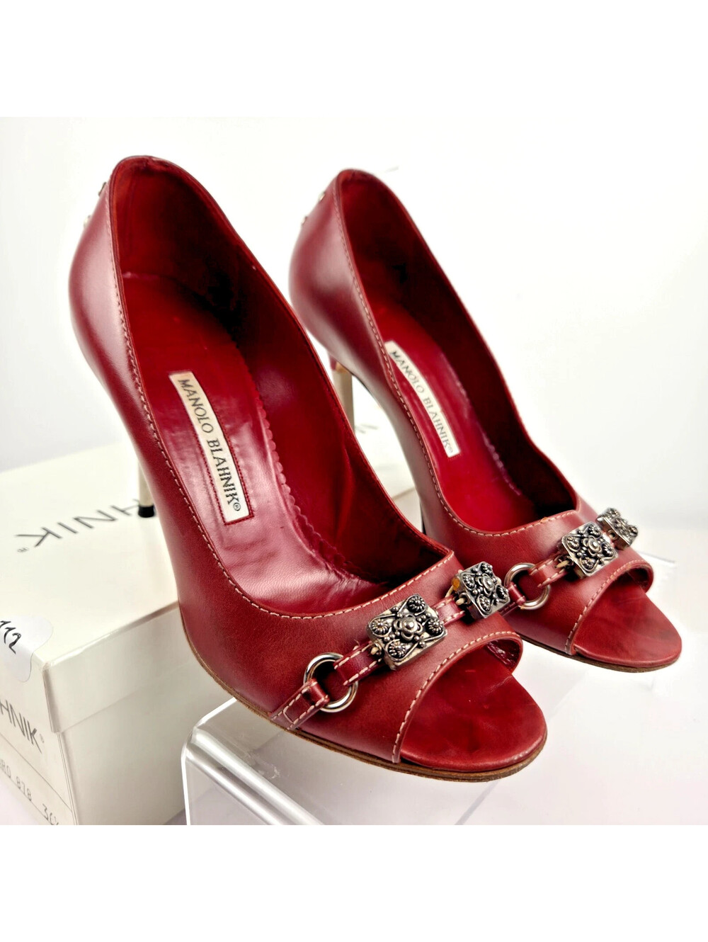 Manolo Blahnik Bihari Burgundy Leather Peep Toe Heels EU 36.5 Vintage W/ Box
